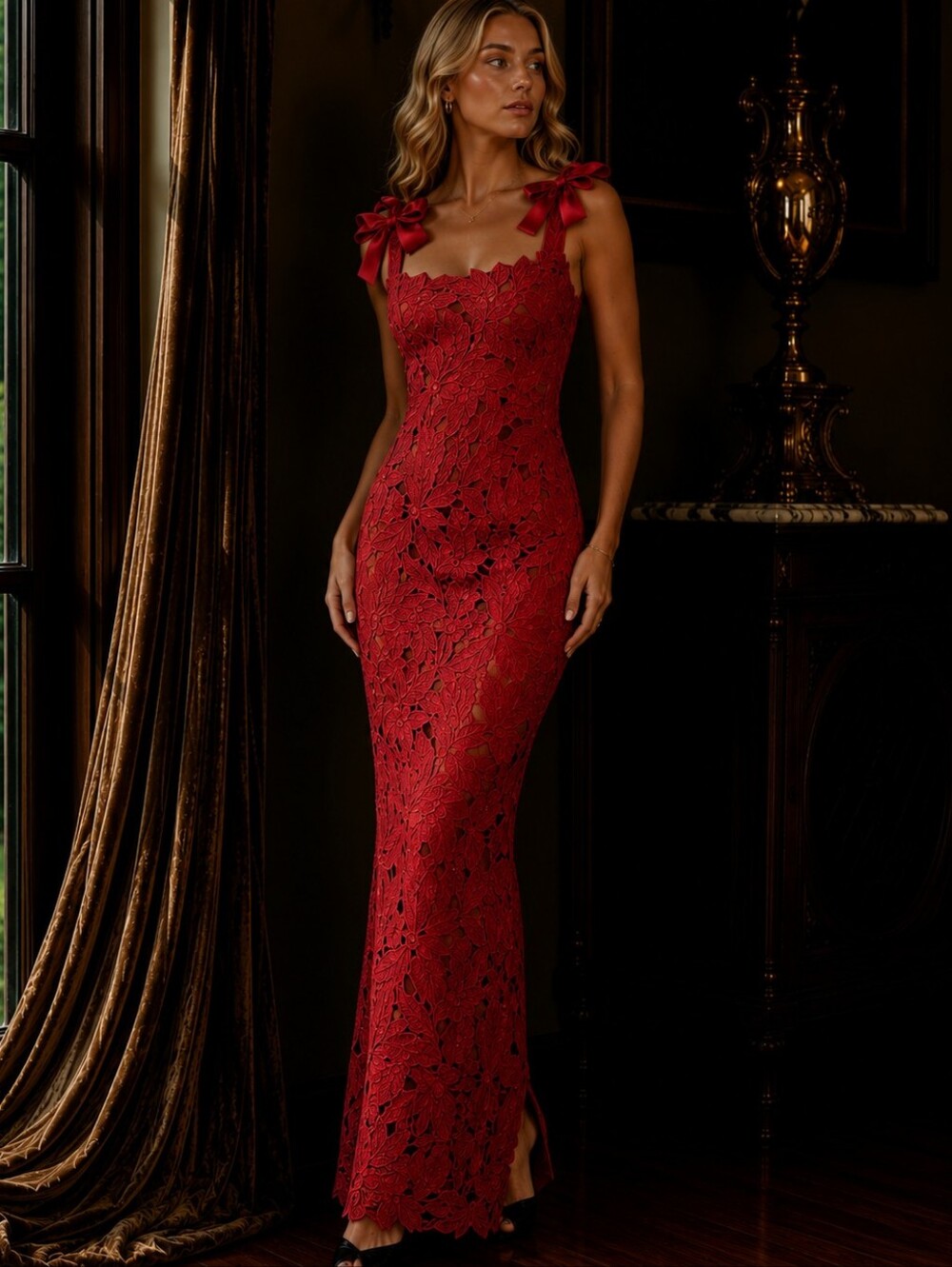 NWOT House Of CB Tiff XS Red Lace Bow Velvet Evening Gown Maxi Cherry Holly - Picture 4 of 7